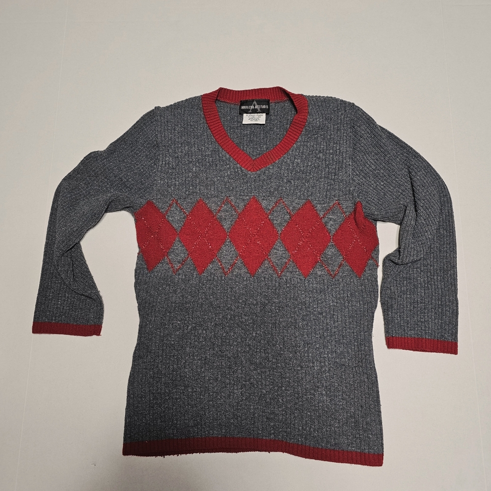 Gray and Red V-Neck Sweater